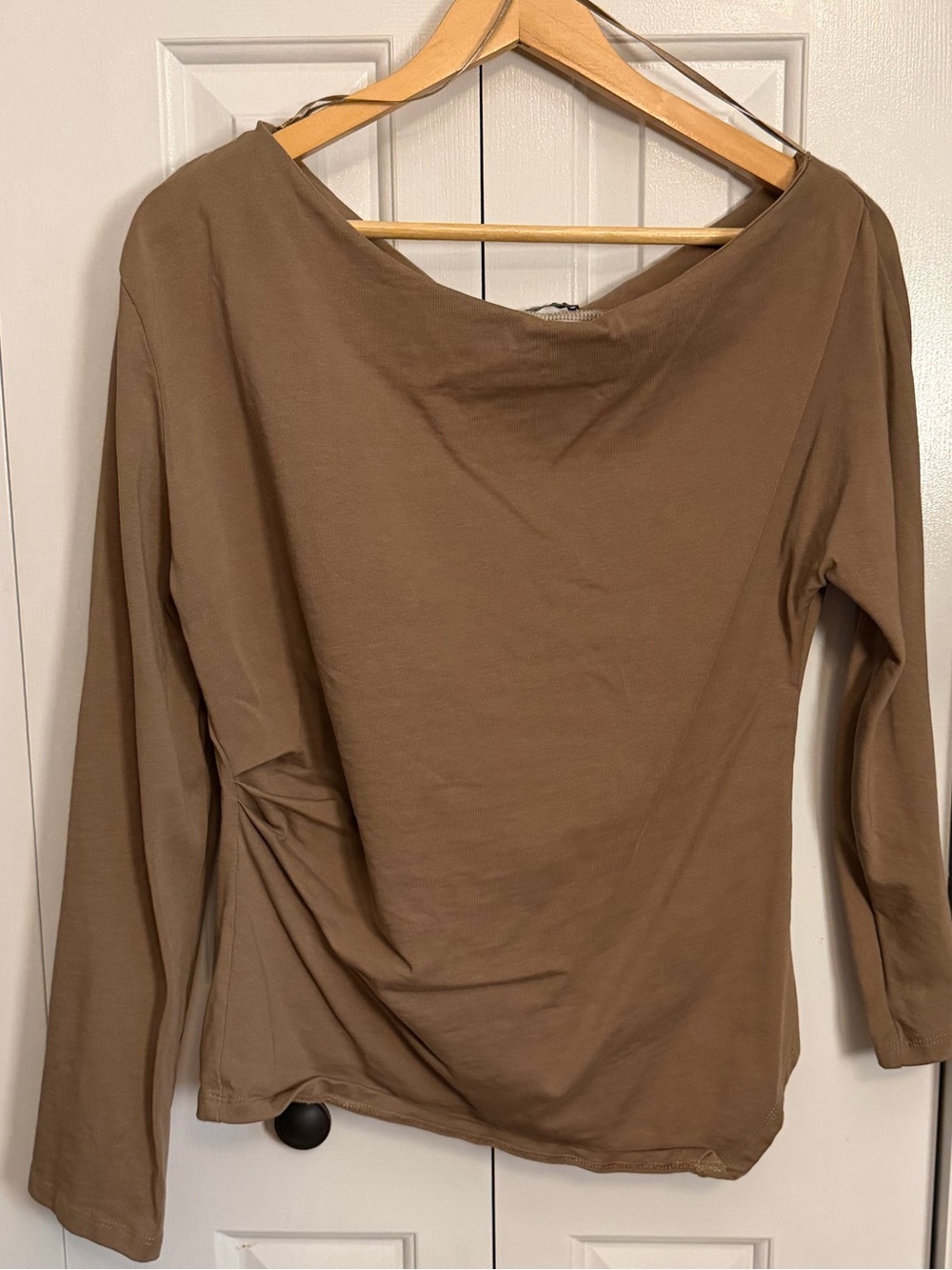 Zara Ruched Asymmetric Top L Taupe Boat Neck Side Zip